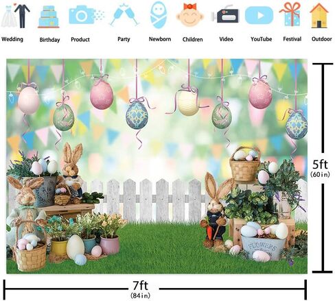 خلفية عيد الفصح للتصوير الفوتوغرافي 7x5ft ربيع الأرنب العشب والزهور عيد الفصح بيض السياج الملونة خوخه الخلفية الخلفية حديثي الولادة استوديو ديكور الحفلات (84 × 60 بوصة) in Kuwait