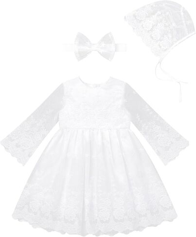 Infant Girl White Baptism Christening Outfits with Bonnet Flower Girl Wedding Dress Newborn Sheer Sleeve Blessing Gown in Saudi Arabia