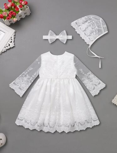 Infant Girl White Baptism Christening Outfits with Bonnet Flower Girl Wedding Dress Newborn Sheer Sleeve Blessing Gown in Saudi Arabia