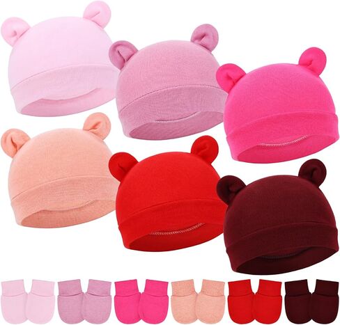 Cinaci 6 Sets Ear Turban Hats and No Scratch Mittens Caps Bonnets Gloves for 0-6M Unisex Baby Girls Boys Newborns Infants in Saudi Arabia
