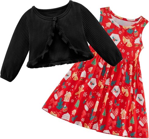 Patgoal Baby Girl Christmas Dress and Cardigan Set Toddler Kid Girls Xmas Sleeveless Dress Ribbed Cardigan 2 Piece Outfits in Saudi Arabia