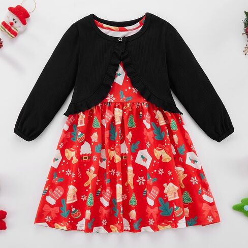 Patgoal Baby Girl Christmas Dress and Cardigan Set Toddler Kid Girls Xmas Sleeveless Dress Ribbed Cardigan 2 Piece Outfits in Saudi Arabia
