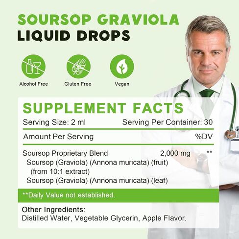 (عبوة من قطعتين) قطرات سائل Soursop Graviola 2000 مجم، مضادات أكسدة طبيعية، دعم الخلايا وتجديدها، تعزيز المناعة، سائل قشطة شائكة، غير معدل وراثيًا، نباتي، نكهة قشطة شائكة طبيعية - 2 أونصة سائلة in Saudi Arabia