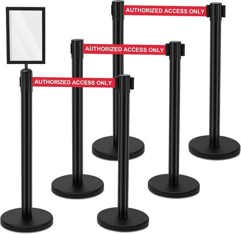 Therwen 6 Pack Heavy Duty Crowd Control Stanchions 9.8 ft Stainless Steel Stanchion Set with 6 Safety Barrier Post Retractable Belt and 1 Sign Holder Crowd Control Barrier (Black,Stripe Belt) in Saudi Arabia