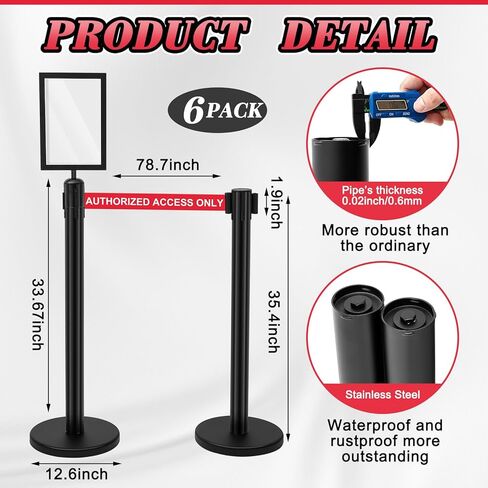 Therwen 6 Pack Heavy Duty Crowd Control Stanchions 9.8 ft Stainless Steel Stanchion Set with 6 Safety Barrier Post Retractable Belt and 1 Sign Holder Crowd Control Barrier (Black,Stripe Belt) in Saudi Arabia