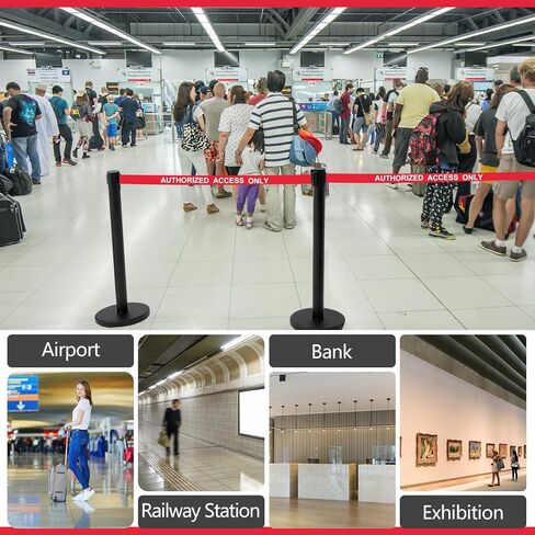 Therwen 6 Pack Heavy Duty Crowd Control Stanchions 9.8 ft Stainless Steel Stanchion Set with 6 Safety Barrier Post Retractable Belt and 1 Sign Holder Crowd Control Barrier (Black,Stripe Belt) in Saudi Arabia