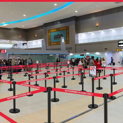 Therwen 6 Pack Heavy Duty Crowd Control Stanchions 9.8 ft Stainless Steel Stanchion Set with 6 Safety Barrier Post Retractable Belt and 1 Sign Holder Crowd Control Barrier (Black,Stripe Belt) in Saudi Arabia