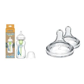 Dr. Brown's Anti-Colic Options+ Wide-Neck Glass Baby Bottle 9 oz with Level 1 Slow Flow Nipple & Level 2 Medium Flow Silicone Nipples, 2 Count