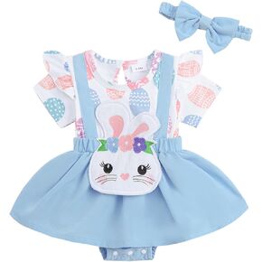 Newborn Baby Girl Easter Clothes Bunny Ruffle Short Sleeve Romper Egg Crewneck Bodysuit Dress Headband Summer Outfit