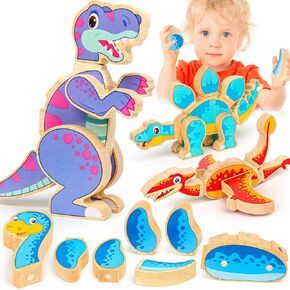 Dinosaur Toys for Kids 3-5,Wooden Magnetic Dino Take Apart Building Blocks Toys for Fine Motor Skills & Creative Play,Easter Basket Stuffers for Toddler Boys Girls