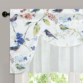 VOGOL Country Style Kitchen Valance Curtains, Blue Birds Pattern Double Layers Wavely Valance for Nursery, Bundle with 1 Panel Tie Up Valance, 52 x 18