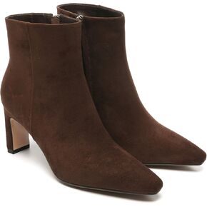 Brown Suede Ankle Boots for Women Pointed Toe Chunky High Heeled Booties Fall Dressy Short Boots with Zipper
