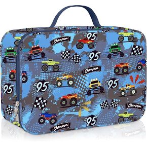 Clastyle Blue Monster Truck Insulated Lunch Bag for Kids Boy, Race Car Flags Portable Large Thermal Cooler Lunch Box Bag for School