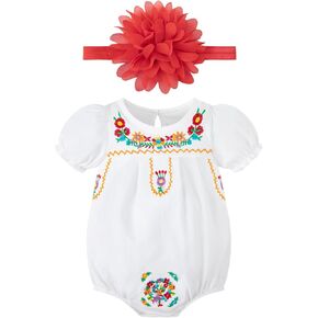 PROMOTED TO BIG SISTER Baby Girl Mexican Ethnic Embroidery Floral Bodysuit Cinco de Mayo Outfit with Headband