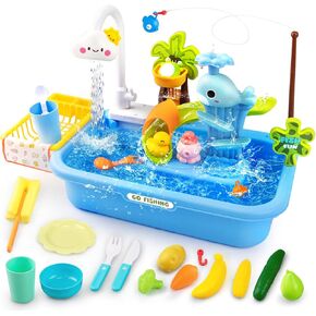 Play Sink with Running Water,Kids Sink Toy with Automatic Water Cycle System,Sink Fishing Game Toy with Food Kitchen Accessories,Kids Role Play Dress Up Dishwasher Toys for Boys and Girls Present