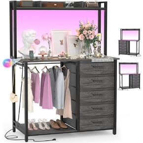 Cyclysio Dresser for Bedroom with Hutch & Clothes Rack, 70'' Tall 5 Drawers Dresser with Shelves, White Dressers Closet with Charging Station & LED Lights, TV Stand Dressers with Hooks, Bedroom, Pink