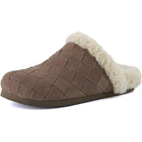 CUSHIONAIRE Cliché Genuine Suede Woven Mule Slippers for Women Indoor and Outdoor - Slip On Faux Fur Lining Women Footwear for Comfort