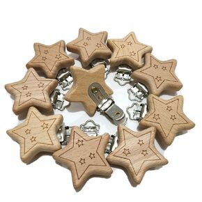 5pcs Natural Wood Suspender Pacifier Clips Cute Beech Wooden Animal Start Shape Clips DIY Beading Pacifier Chain Accessory