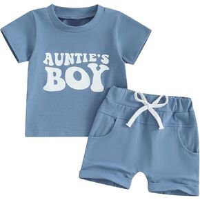 Aunties Bestie Baby Clothes Gender Neutral Baby Boy Short Sleeve Letter T-Shirt Solid Color Shorts Summer Outfit (B-Auntie Boy Blue, 18-24 Months)
