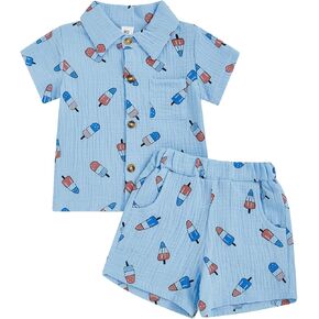 4th of July Toddler Baby Boy Outfit Popsicle Short Sleeve Cotton Linen Button Down Shirt Shorts Set Patriotic Outfit