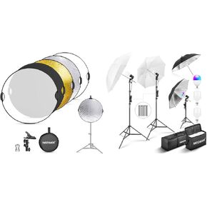 NEEWER RF-80II 32"/80cm Light Reflector with Clamp & Hand Grips, 5 in 1 Collapsible Reflector Translucent Silver Gold White Black for Studio Outdoor Lighting, NK501 400W Photography Light Kit Included