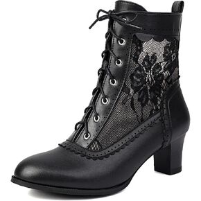 Women Victorian Boots 70s Lace up Ankle Boots Kitten Heel Costume Shoes Side Zipper Round Toe