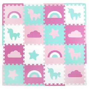 Tadpoles Rainbows and Unicorns Foam Playmats for Kids, 16 Interlocking Foam Tiles, Waterproof, Durable, & Long-Lasting | Total Floor Coverage 50" x 50" | for Ages 3 & Up | Pink, Blue, Purple, & White