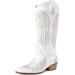 Womens Knee High Boots Cowboy Cowgirl Tall Western Boots Pull On Square Toe Low Chunky Heel Retro Dress Ladies Comfortable Embroidered Boot