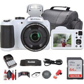 Kodak Pixpro AZ255 Digital Camera (AZ255WH) Bundle Including: 64 GB Memory Card, Rechargeable Batteries, Case, Neck Strap, Lens Caps, Full Cleaning Kit, Card Reader, Card Wallet, USB Cable, Cap Keeper