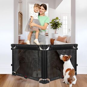 27.5" Tall Easy Step Over Pet Gate, 55" Wide Folding Retractable Baby Gate Indoor Dog Barrier, 2 Panel Folding Dog Gate Baby Fence Gate, Mesh Dog Gates for Doorways Short Baby Gate for Stairs, Black