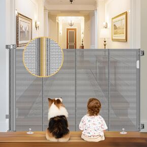 Reinforced 28" Tall Step Over Dog Gate x 100" Extra Wide Retractable Baby Gate with Support Rods, Mesh Baby Gate Retractable Pet Gate Indoor Retractable Gate Outdoor Puppy Gate Long Dog Gate, Gray