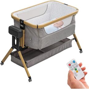 Electric Rocking Bassinet – Bedside Sleeper Cribs Rolling Baby Cradle Swing Infant Bed with Automatic 3 Motion,5 Height Adjustable,Remote,Stories,Music&Timer,Storage for Newborn 0-6 Months