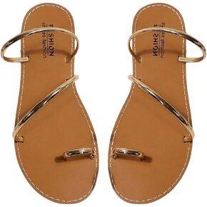OYOANGLE Women's Metallic Strappy Toe Ring Sandals Open Toe Flat Slide On Thong Sandals