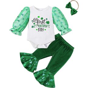 Baby Girl My First St. Patrick's Day Outfits Green Long Sleeve Romper Lucky Clover Pant+Headband Clothes Set