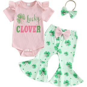 Newborn Baby Girl St Patricks Day Outfit Short Sleeve Letter Print Romper Clover Flare Pants Headband Clothes Set
