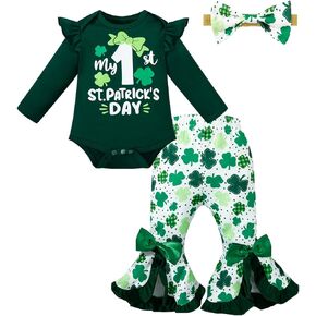 Newborn Baby Girl My First St.Patrick's Day Clothes Ruffle Romper Flared Pants Set