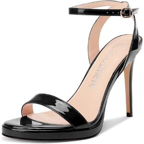 Castamere Womens Stiletto High Platform Heel Open Round Toe Sandals Ankle Strap Prom Basic Classic Patent Leather Summer 4.1 Inches Heels