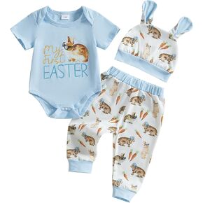 Newborn Baby Girl Boy Easter Outfit Short Sleeve Little Bunny Romper Rabbit Pants Hat Set 0-18M