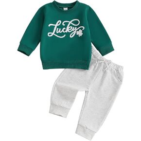 Toddler Infant Baby Boy Girl St Patricks Day Outfit Lucky Clover Long Sleeve Sweatshirt Pants 2Pcs Irish Clothes Set