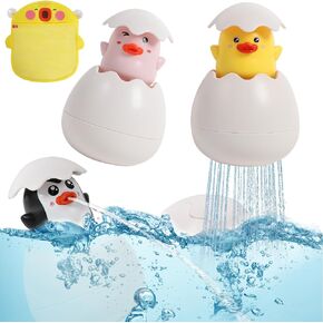 Baby Easter Eggs Toys for Toddlers 1-3, Easter Basket Stuffers for Babies, Baby Bath Toys with Sprayer and Dino Mesh Bathtub Toy Storage Bag with 2 Suction Cups, Easter Gifts for Girls, Boys - 4 Pack