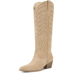 ISNOM Cowboy Boots for Women Knee High Cowgirl Western Boots Womens Embroidered Tall Cowboy Boot Comfort Fashion Long Boot