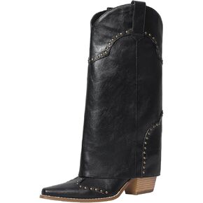 Women Shark Boots Fold Over Mid Calf Chunky Heel Snip Toe Cowboy Cowgirl Pull On Studded Boots for Women