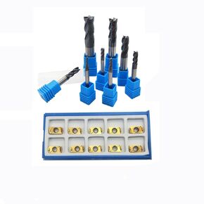 8pcs 2-12mm CNC Round Square End Mills, Tungsten Carbide, Unfinished, Precision, 4 Flutes, Face Milling Cutter, 10pcs Carbide Inserts