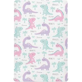 Princess Dinosaur Crib Sheets for Boys Girls, 52x28 Inch Soft and Breathable Pack n Play Sheets, Portable Mini Stretchy Cribs Sheets