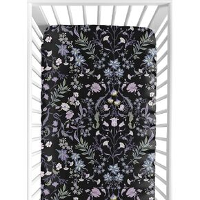 Sweet Jojo Designs Black Purple Boho Wildflower Vintage Floral Girl Baby Fitted Crib Sheet Infant Newborn Nursery Toddler Bed Room Standard Mattress Lavender Bohemian Farmhouse Botanical Cottagecore
