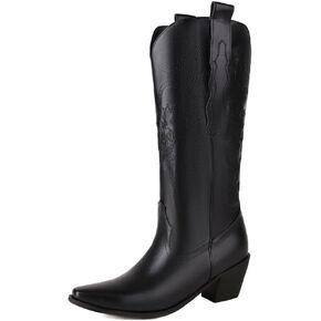 JOZHAMTA Cowboy Boots for Women Black Wide Calf Western Boots Chunky Heel Pull On winter Knee High Boots