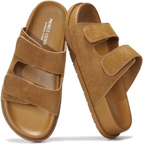 Project Cloud Genuine Leather Memory Foam Womens Sandals - Stylish and Comfortable Double Strap Slip In Slides for Women - Perfect Summer Sandals for Women 2025 (Sleek)