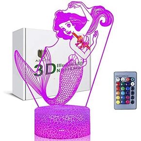 Mermaid 3D Night Light for Girls,16 Colors Dimmable Mermaid Table Lamp with Touch Switch Luminous Base & Remote for Kids Birthday Gifts