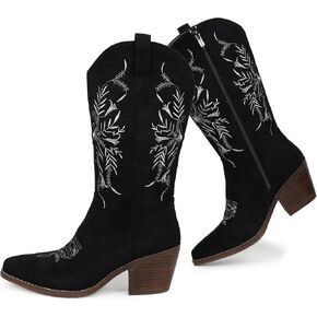 Cowboy Boots for Women Classic Embroidered Pointy Toe Cowgirl Boot, Western Mid Calf Side Zipper Chunky Heel Cowgirl Boots