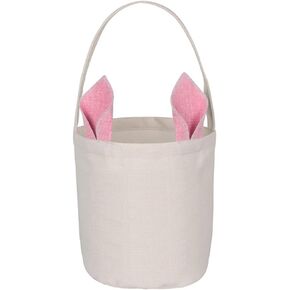 Easter Bunny Basket Canvas Cotton Easter Eggs Basket with Fluffy Ears for Easter Egg Hunts (Pink)